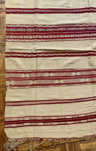 Moroccan Kilim Rug, 19th C; 4’9” x 8’7” / 145 x 262 cm

Wine-red and pale ivory stripes with totemic designs,

a few of them in steel blue. Rhythmically dynamic.


Light wear, soft stains, a  ...