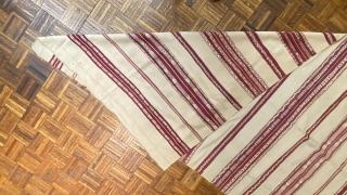 Moroccan Kilim Rug, 19th C; 4’9” x 8’7” / 145 x 262 cm

Wine-red and pale ivory stripes with totemic designs,

a few of them in steel blue. Rhythmically dynamic.


Light wear, soft stains, a  ...