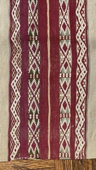 Moroccan Kilim Rug, 19th C; 4’9” x 8’7” / 145 x 262 cm

Wine-red and pale ivory stripes with totemic designs,

a few of them in steel blue. Rhythmically dynamic.


Light wear, soft stains, a  ...