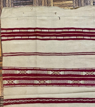 Moroccan Kilim Rug, 19th C; 4’9” x 8’7” / 145 x 262 cm

Wine-red and pale ivory stripes with totemic designs,

a few of them in steel blue. Rhythmically dynamic.


Light wear, soft stains, a  ...