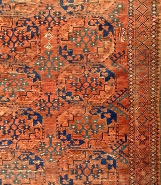 Antique Ersari Carpet, ca. 1870; 6’10 x 8’10” / 178 x 269 cm

Beautiful 19th Century example with strong madder reds and different

shades of teal, green, and mint. 18 quartered guls with clubs,  ...