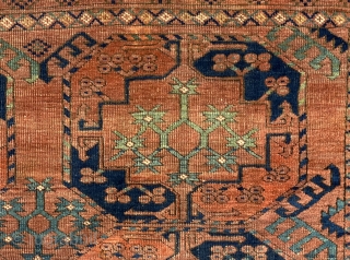 Antique Ersari Carpet, ca. 1870; 6’10 x 8’10” / 178 x 269 cm

Beautiful 19th Century example with strong madder reds and different

shades of teal, green, and mint. 18 quartered guls with clubs,  ...