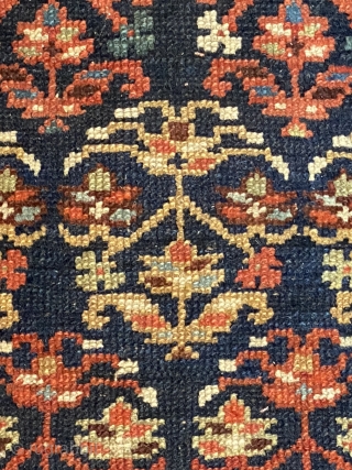 Antique Kurdish Runner Fragment, ca 1850; 3’5” x 9’5” / 104 x 287 cm

113-inch long fragment of an indigo ground Kurdish runner with a beautifully drawn rendering of

oft seen floral ovoid with  ...