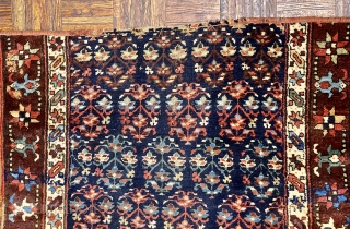 Antique Kurdish Runner Fragment, ca 1850; 3’5” x 9’5” / 104 x 287 cm

113-inch long fragment of an indigo ground Kurdish runner with a beautifully drawn rendering of

oft seen floral ovoid with  ...