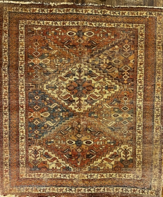 Afshiar Rug ca. 1900 or earlier; 4’4” x 4’11” / 132 x 150 cm

Field composed of stepped diamonds in a lattice. Each diamond with a lobed blossom at center, part of 

a  ...
