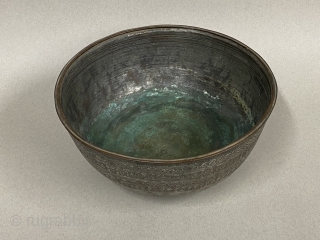 Antique Tinned Copper Bowl, ca. 19th Century or earlier;

Height: 4 3/4” // 12.1 cm; Diameter: 8 1/4” // 21 cm; Base diameter: 6 3/8” // 16.2 cm

Decorated with scribed bands of triangles  ...