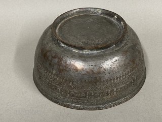 Antique Tinned Copper Bowl, ca. 19th Century or earlier;

Height: 4 3/4” // 12.1 cm; Diameter: 8 1/4” // 21 cm; Base diameter: 6 3/8” // 16.2 cm

Decorated with scribed bands of triangles  ...