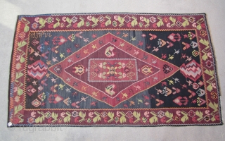 Armenian kilim...dated 1937....excellent condition....mostly aniline dyes.....
5'4" x 9'6" ( 162cm x 290cm )...wonderful abrash and artistic drawing as shown.              