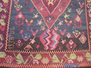 Armenian kilim...dated 1937....excellent condition....mostly aniline dyes.....
5'4" x 9'6" ( 162cm x 290cm )...wonderful abrash and artistic drawing as shown.              