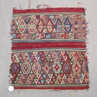 West Anatolian ( Helvaci ? ) Kilim Fragment.....mid 19th C.....all vegetal dyes....33" x 36" (84cm x 92cm )....as found ( cut and with 'prayer tassels' attached )      