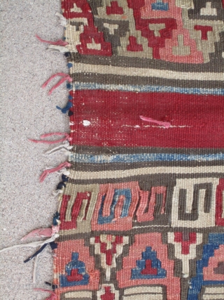 West Anatolian ( Helvaci ? ) Kilim Fragment.....mid 19th C.....all vegetal dyes....33" x 36" (84cm x 92cm )....as found ( cut and with 'prayer tassels' attached )      