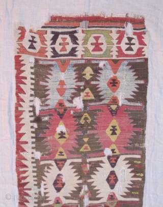 Konya Kilim Fragment......before 1850....approx. 2/3rds of one 1/2....fragment size 2'3 x 7' ( 69 x 213 cm ) with some selvedge.....profess.mounted on linen          