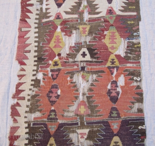Konya Kilim Fragment......before 1850....approx. 2/3rds of one 1/2....fragment size 2'3 x 7' ( 69 x 213 cm ) with some selvedge.....profess.mounted on linen          