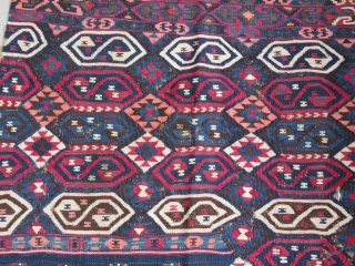 Lake Van kilim....Northeast Anatolia ( Kurdish ? )....complete 1/2.....late 19th C.....2'6" x 7'6" (75 x 220cm )...wool on wool with cotton-wrapped silver thread....natural dyes except faded orange....fine weave with floppy handle......condition as  ...