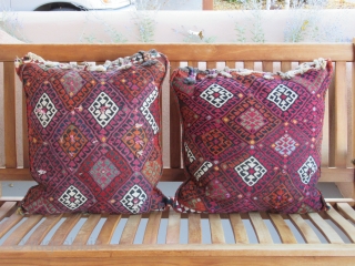 Kurdish Saddlebag pillows....East Anatolian...circa 1875....19" x 22" each
(48cm x 56cm ).....wool on wool with cotton highlights & 'wish' tassels .....reciprocal brocading ,sumac weaves....all vegetal and insect dyes....unused 'box' condition as shown . 