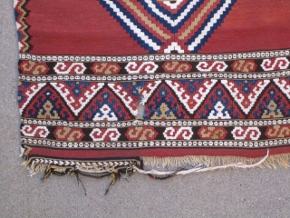 " Manastir Yastik " most probably Southern Balkans.... circa 1840....wool on wool with cotton highlights....all vegetal dyes...2'2" x 3'8"...... 
(66 x 112cm).....condition as shown.         