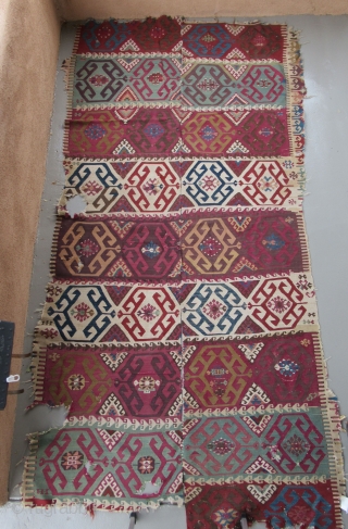 Reyhanli Kurdish kilim fragment....Southeast Anatolia...before 1850...wool on wool with some areas of cotton/wool blend ....2-pieces joined...missing end panels and most of the borders.....4'6" x 9'(135 x 270cm )....excellent old dyes...fine weave..condition as  ...