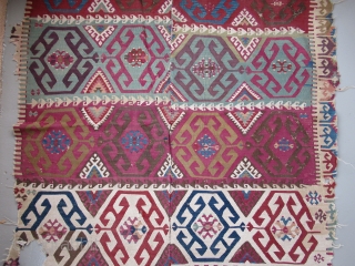 Reyhanli Kurdish kilim fragment....Southeast Anatolia...before 1850...wool on wool with some areas of cotton/wool blend ....2-pieces joined...missing end panels and most of the borders.....4'6" x 9'(135 x 270cm )....excellent old dyes...fine weave..condition as  ...