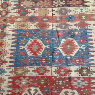 Turkish Kilim @ 5 x 11 mid 19c  two pc-matches up well. old pastel colors including a soft purple significant older pro restoration- good color match but wool difference is detectible.  ...