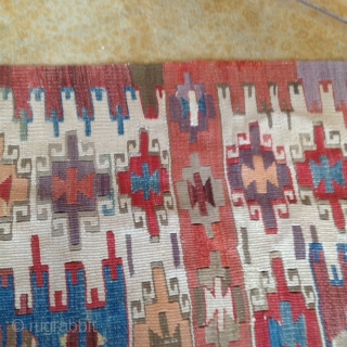 Turkish kilim mid 19c. 5'x11" two sections pretty well matched,  good pastel colors including a wonderful old purple.  significant restoration professionally done many years ago, good color match but wool  ...