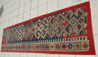 Turkish Saçıkara kilim fragment. Judged from its colours especially the state of the black, the kilim must be over 100 years old. For the same design see: Josephine Powel: A Survey of  ...