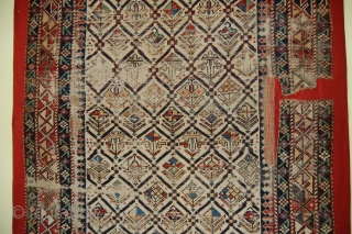 Caucasian Shirvan Prayer Rug. 
Mounted/size of the linen support(Full size): 110 x 182cm (size of the rug fragment: 100 x 172cm). 19th century, I was told over 150 years old. Provenance: The  ...