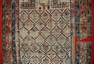 Caucasian Shirvan Prayer Rug. 
Mounted/size of the linen support(Full size): 110 x 182cm (size of the rug fragment: 100 x 172cm). 19th century, I was told over 150 years old. Provenance: The  ...
