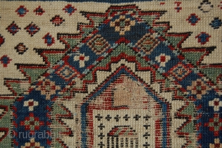 Caucasian Shirvan Prayer Rug. 
Mounted/size of the linen support(Full size): 110 x 182cm (size of the rug fragment: 100 x 172cm). 19th century, I was told over 150 years old. Provenance: The  ...