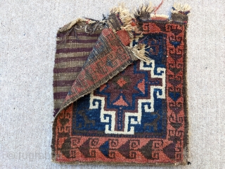 Wonderful old Baluch bag and nice aubergine. Soft wool and good dyes. Floppy handle. 1'3" x 1'6"                
