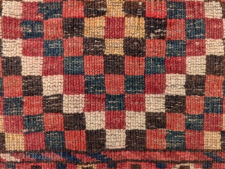 Interesting antique checkered Ersari torba. 1'1" x 3'1". Soft wool and a few scattered moth bites. Cheers.                