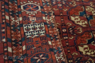 Antique Tekke Turkmen Wedding rug. 19th century. Wonderful plum red and interesting main border intermediary designs. Has three small patches and needs new selvedge. Good medium pile, to low in a couple  ...