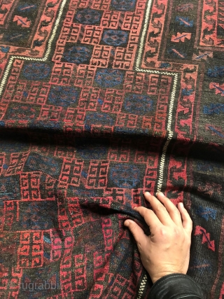Antique Baluch prayer rug, fairly fine knots. Wonderful abrash and interesting field design. 94 x 140cm or 3'1" x 4'8"             
