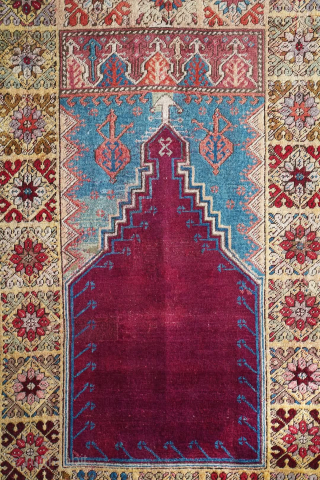 19th century Mujur prayer rug with a nice yellow border and good cohesion of colors. Good pile. 173 x 108cm or 5'9" x 3'7". Please contact me at steven.malloch@gmail.com or gerrerugs@gmail.com for  ...