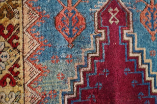 19th century Mujur prayer rug with a nice yellow border and good cohesion of colors. Good pile. 173 x 108cm or 5'9" x 3'7". Please contact me at steven.malloch@gmail.com or gerrerugs@gmail.com for  ...