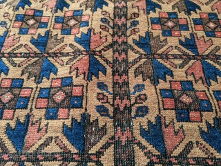 Wonderful 19th century Antique Baluch prayer rug. It's mostly medium pile with some colors which have corroded over the years. Soft wool. Rare with the rosettes on the main tree of life  ...