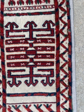 Two 19th century Turkmen tentband fragments from the same tentband, possibly mid 19th. 10"x 21" and 10" x 16". Nice green            