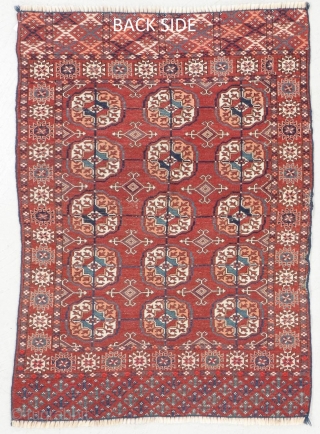 Stunning Tekke wedding rug. Beautiful coppery red and interesting seconday guls. Love the two different patterns on each elem.

3ft 1in x 4ft 1in          