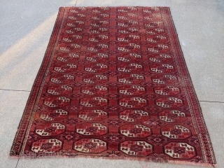 Large Kizilayak Turkmen rug, 7ft 10in x 6ft 2in. Great variations in the guls and even an extra head design in the quartering of some. It was cut and shut in the  ...