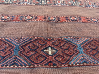 19th century Karadashli chuval in immaculate condition. No stains, wonderful colors in the striped bands. Lot's of Tekkes in this style but not Karadashlis.

2ft 8in x 3ft 9in

Cheers.     