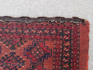 Monster size antique Ersari chuval. 5ft7in x 3ft7in. It has great dark green, blue, yellow, and two shades of red. Low pile all over, no holes, and original goat hair braided loops  ...