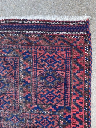  Antique Baluch prayer rug with great color and alternating color selvedges. Wonderful kilim ends intact. Stable, natural dyes. No holes. 2'8" x 4'3"         