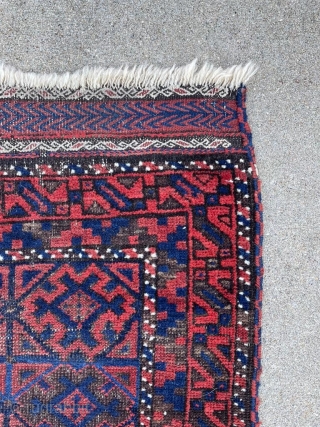  Antique Baluch prayer rug with great color and alternating color selvedges. Wonderful kilim ends intact. Stable, natural dyes. No holes. 2'8" x 4'3"         