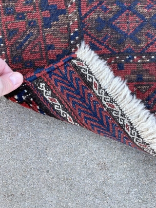  Antique Baluch prayer rug with great color and alternating color selvedges. Wonderful kilim ends intact. Stable, natural dyes. No holes. 2'8" x 4'3"         