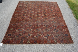 Beautiful 3rd quarter 19th century Tekke main rug. 8ft x 6ft 6in. Unusual minor border and gul. Mostly low pile, one square patch was removed, two tears on one end, and one  ...