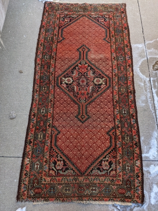 Circa 1900 Serab or Hamadan rug. 6ft 10in x 3ft 2in 

Wonderful blues and greens throughout with hints of yellow. Has some end loss (secured) and small amount of wear in middle  ...