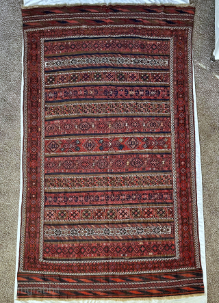 A large and fine soumak Timuri Sangtschuli Baluch rug. 275x165cm. 9'10" x 5'5. 19th century. It has some silk highlights. In overall great condition. Please contact me at Steven.malloch@gmail.com or gerrerugs@gmail.com for  ...