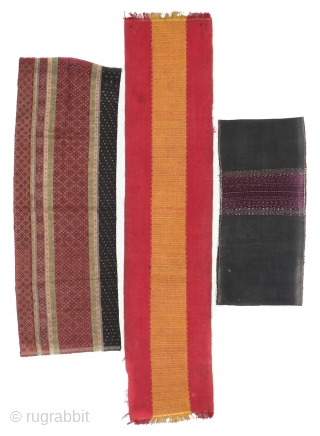 3 Old Chin Textiles, Western Burma, silk and cotton. Sizes: 1)  65'' x 14'' (165 x 36 cm); 2) 15'' x 31'' (38 x 79 cm); 3) 48'' x 16'' (122  ...