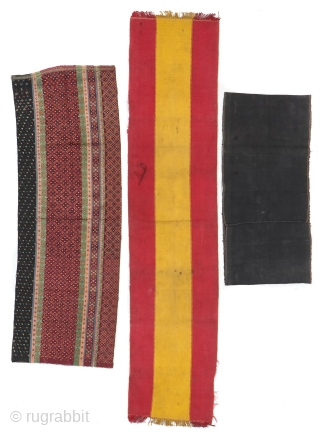 3 Old Chin Textiles, Western Burma, silk and cotton. Sizes: 1)  65'' x 14'' (165 x 36 cm); 2) 15'' x 31'' (38 x 79 cm); 3) 48'' x 16'' (122  ...