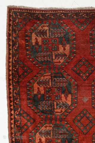 Late 19th century Ersari wedding rug. 3'9" x 4'6". Almost completely full pile except a small spot in the center. Incredible colors with various greens, blues, and oranges. Likely horse hair warps  ...