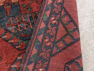 Late 19th century Ersari wedding rug. 3'9" x 4'6". Almost completely full pile except a small spot in the center. Incredible colors with various greens, blues, and oranges. Likely horse hair warps  ...